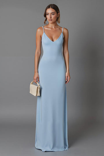 Robe de soirée longue à bretelles spaghetti fourreau bleu ciel